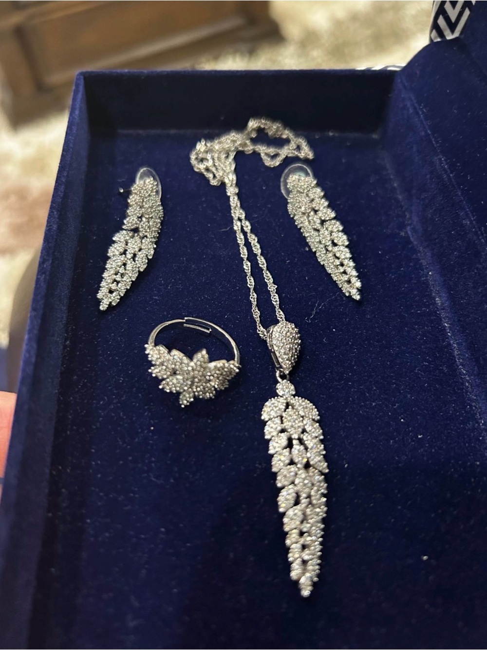 Silver-Tone Crystal Leaf Pendant Necklace in Silver